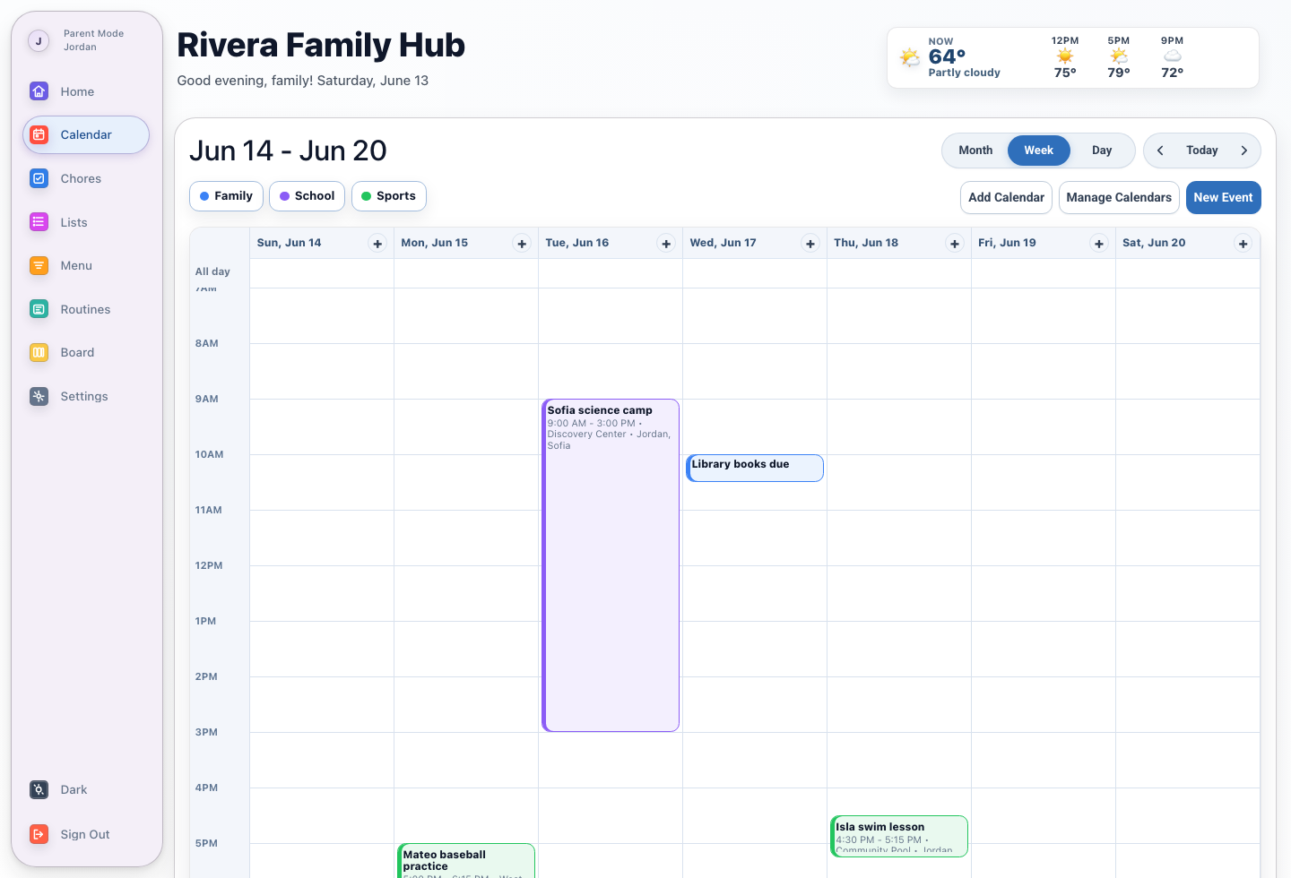 Rivera Family Hub calendar week view showing school, sports, and family events.