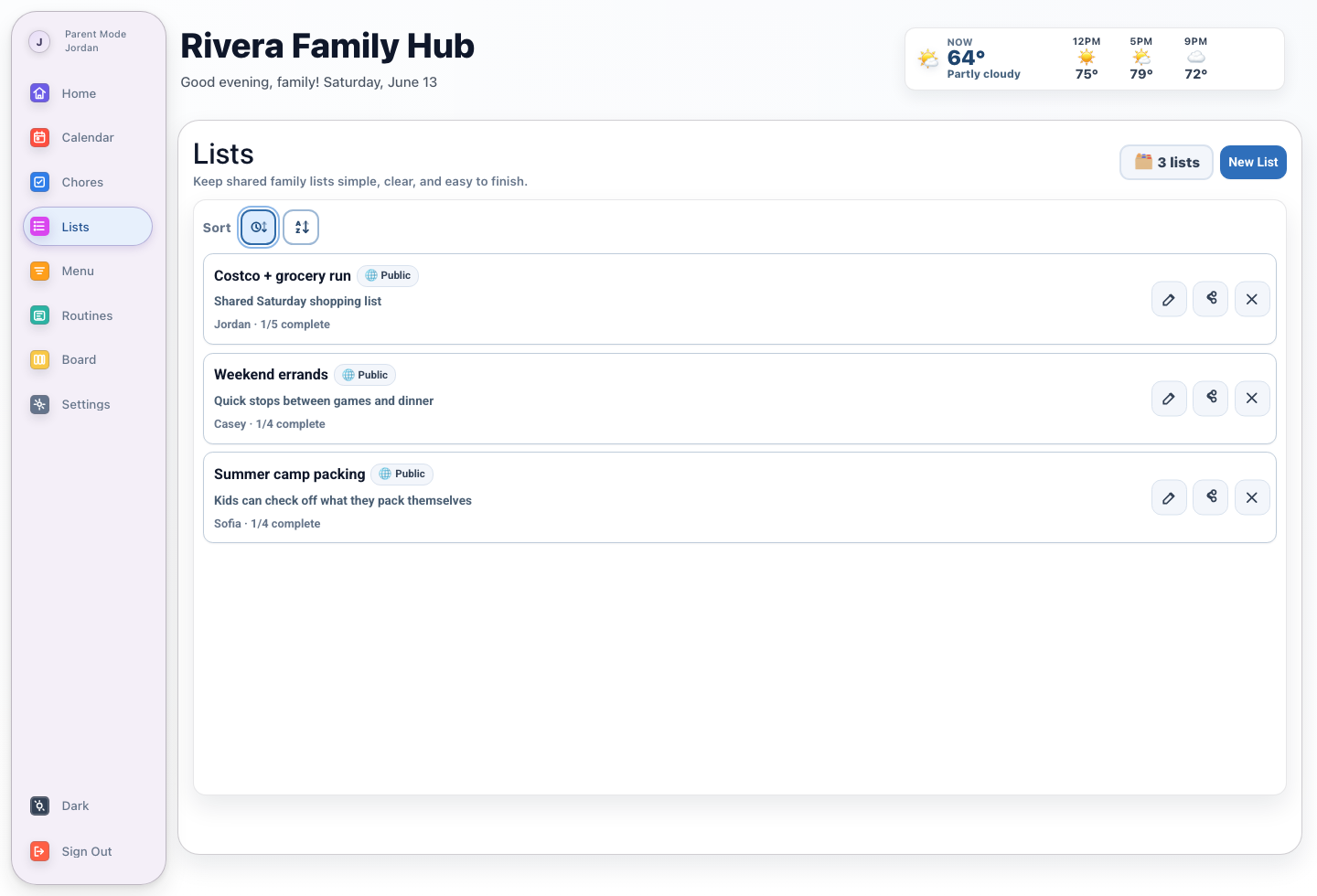 Rivera Family Hub lists screen with grocery, weekend errands, and summer camp packing lists.
