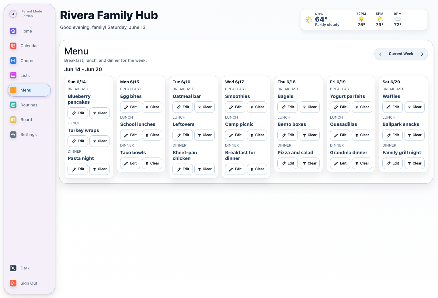 Rivera Family Hub menu screen showing a full week of breakfasts, lunches, and dinners.